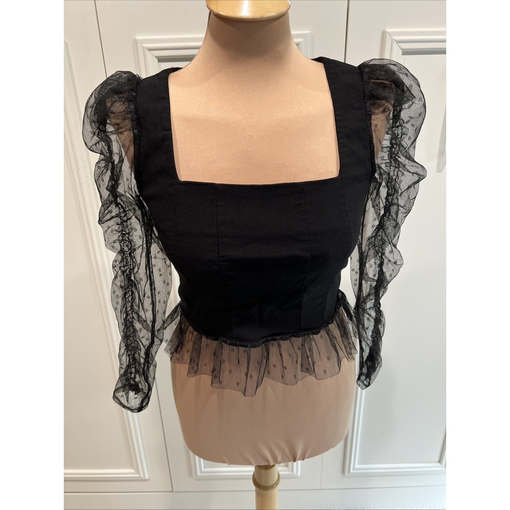Topshop Black Mesh Ruched Stretch Top Ruffle Whimsigoth Square Neck Fairy